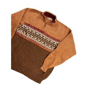 Waliki Mens Alpaca Wool Pullover Sweater L Brown Orange Patterned Half-Zip Holes
